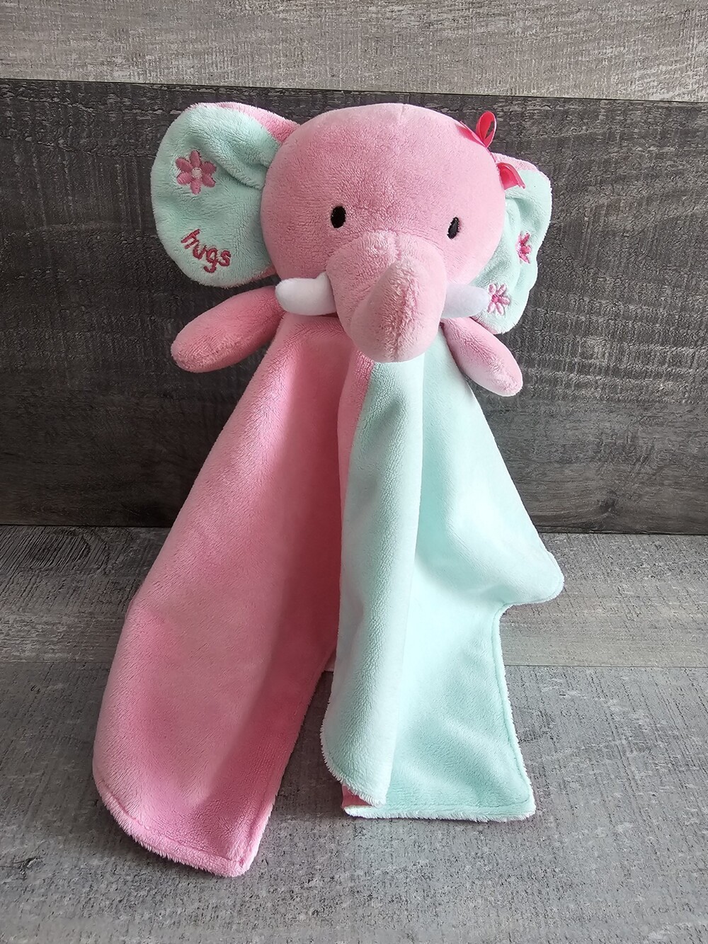Okie Dokie Elephant Baby Lovey Security Blanket Rattle Hugs Pink Green Satin